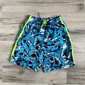 OP Swim Trunks Size 6-7, Blue with sharks